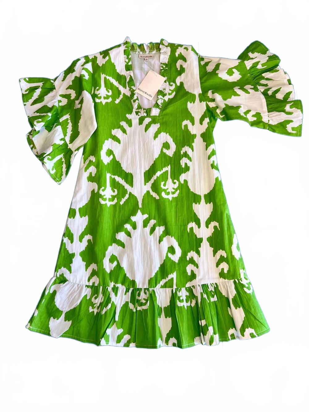 NEW FITZROY & WILLA women's soleil mini dress in big ikat green